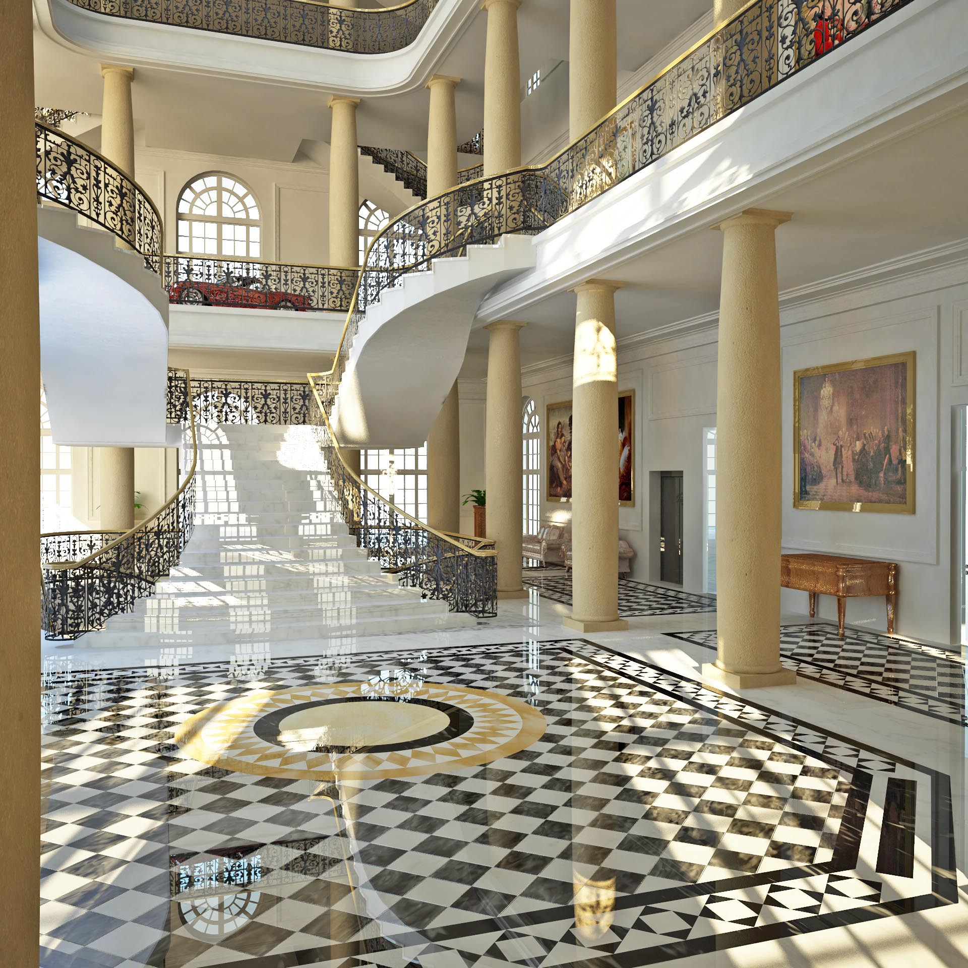 3D Interior, Neues Schloss Empfangshalle mit Treppenaufgang